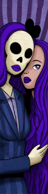 Free dark romance bookmark featuring a purple skull-faced figure